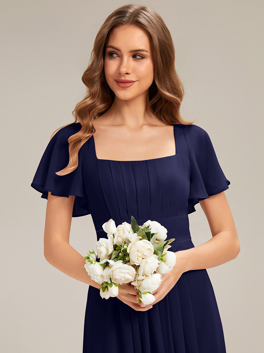 Ruched Chiffon Ruffle Sleeve Bridesmaid Dress #color_Navy Blue