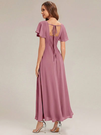 Ruched Chiffon Ruffle Sleeve Bridesmaid Dress #color_Purple Orchid