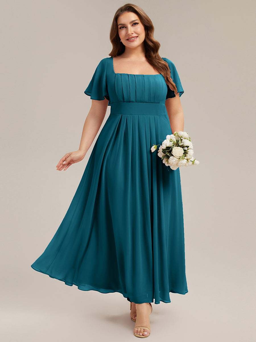 Ruched Chiffon Ruffle Sleeve Bridesmaid Dress #color_Teal Blue