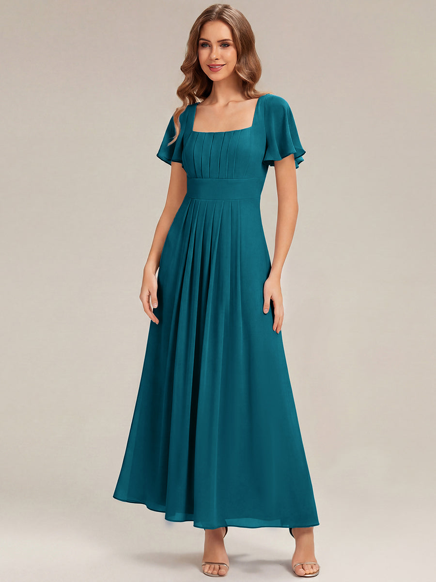 Ruched Chiffon Ruffle Sleeve Bridesmaid Dress #color_Teal Blue