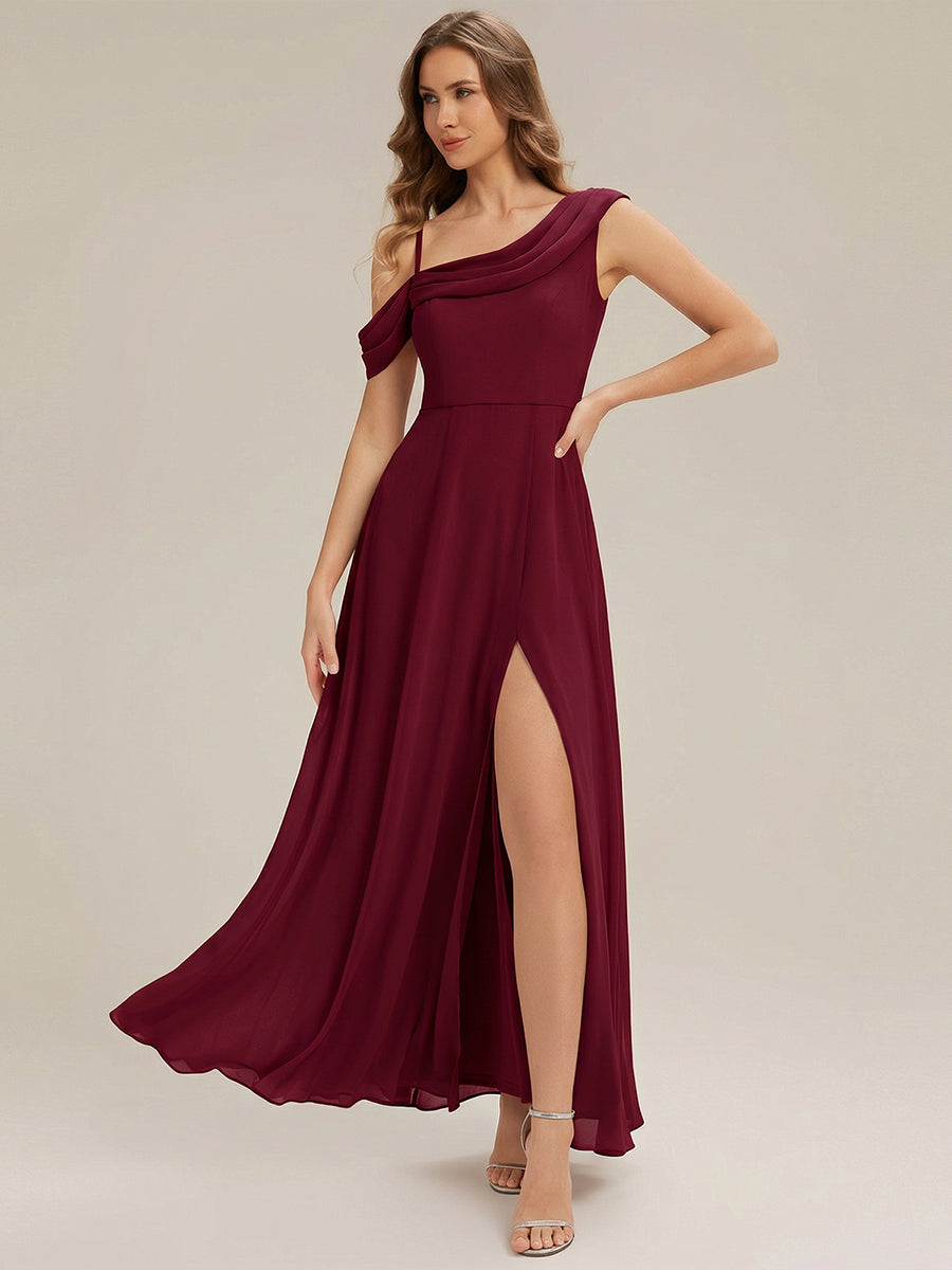 Side Slit Chiffon Sleeveless Bridesmaid Dress #color_Burgundy