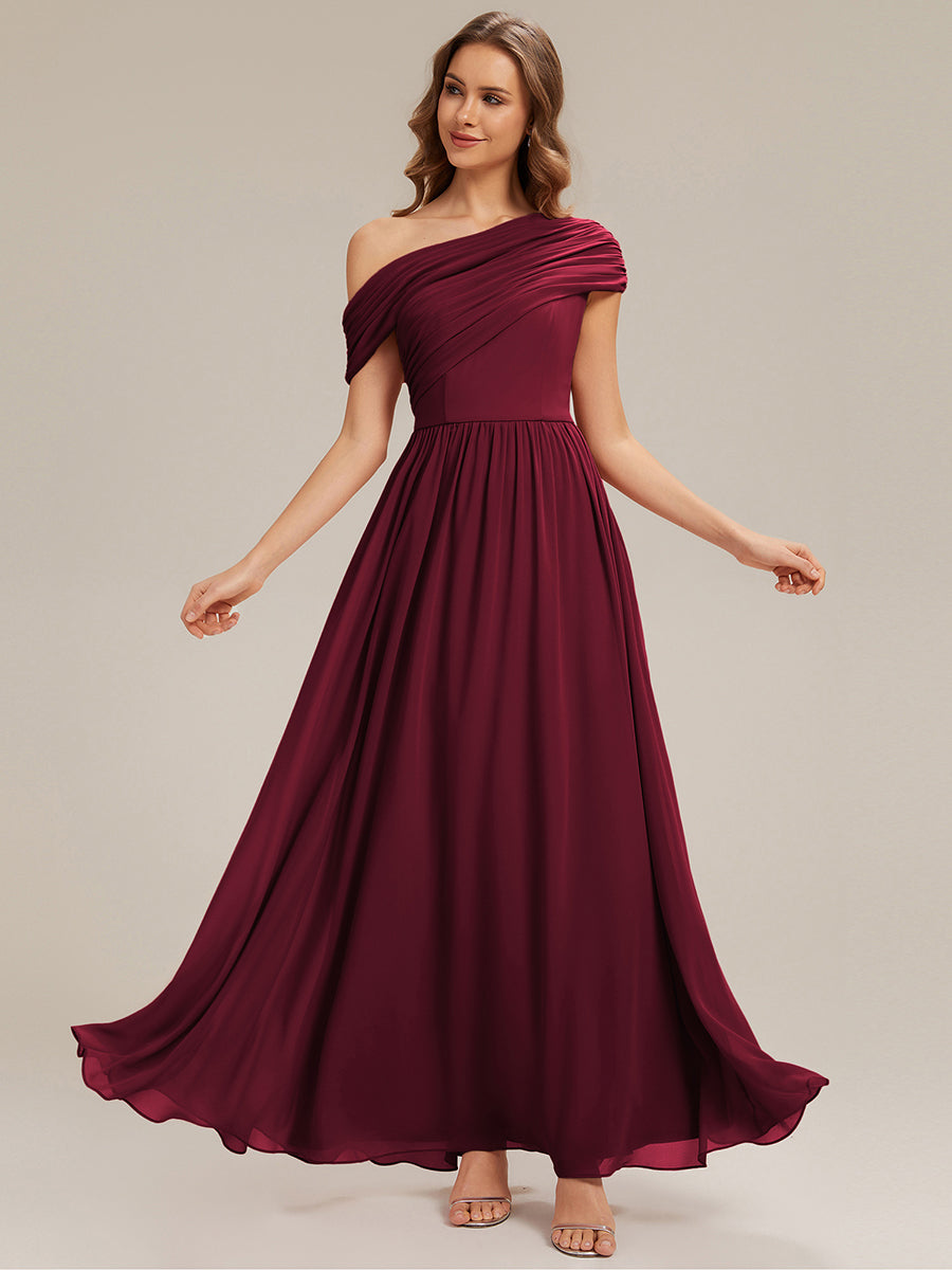 Gathered Chiffon Off the Shoulder Bridesmaid Dress #color_Burgundy
