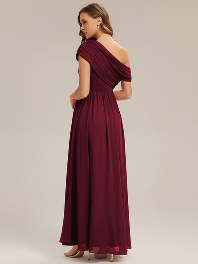 Gathered Chiffon Off the Shoulder Bridesmaid Dress #color_Burgundy