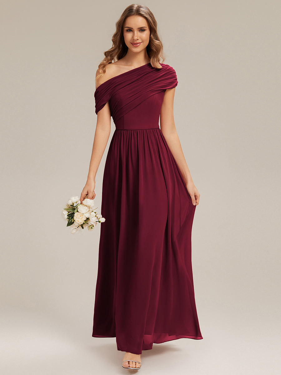 Gathered Chiffon Off the Shoulder Bridesmaid Dress #color_Burgundy