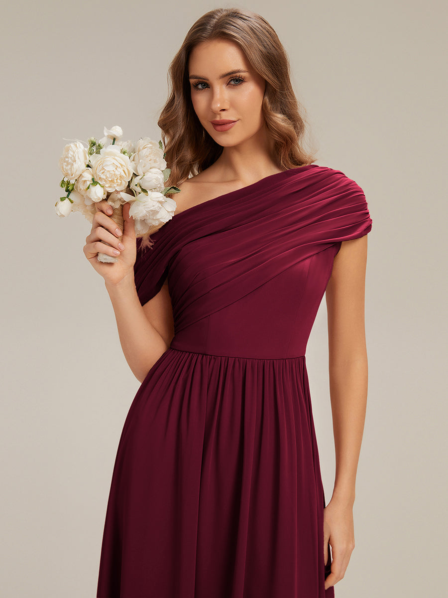 Gathered Chiffon Off the Shoulder Bridesmaid Dress #color_Burgundy