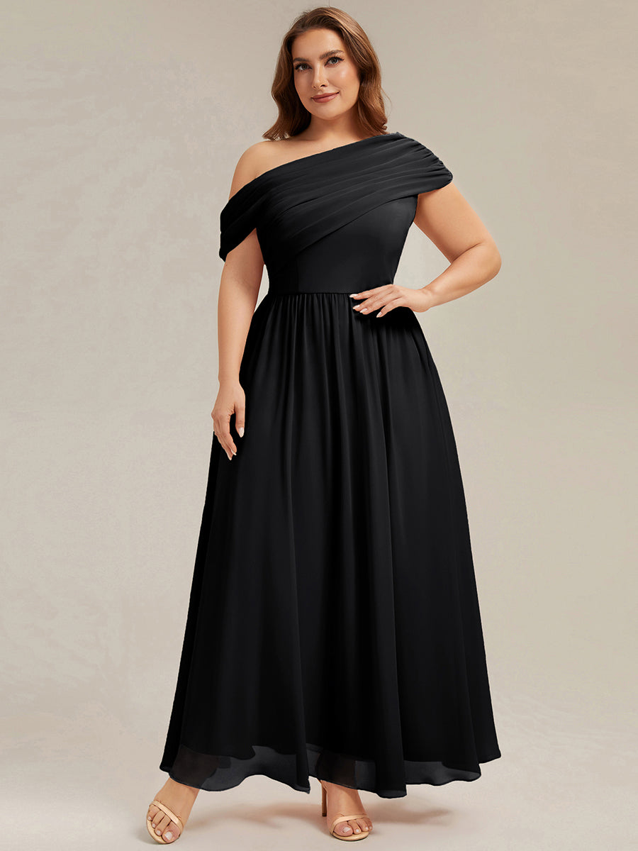 Gathered Chiffon Off the Shoulder Bridesmaid Dress #color_Black