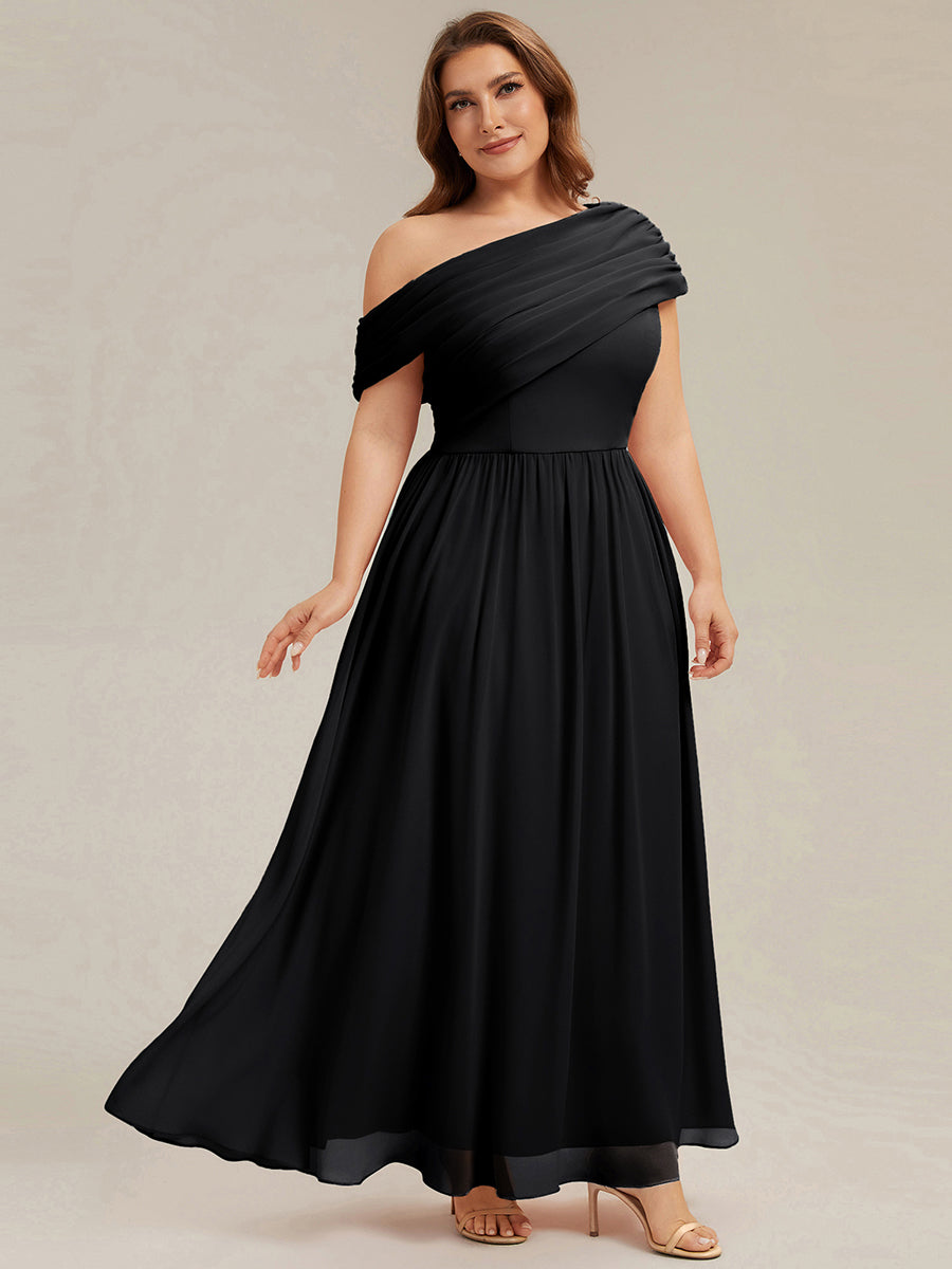Gathered Chiffon Off the Shoulder Bridesmaid Dress #color_Black