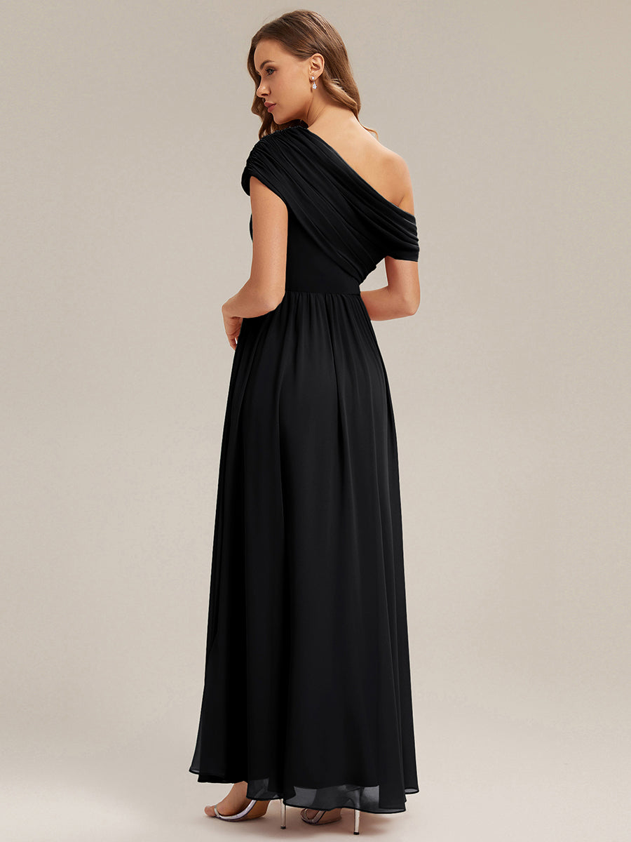 Gathered Chiffon Off the Shoulder Bridesmaid Dress #color_Black