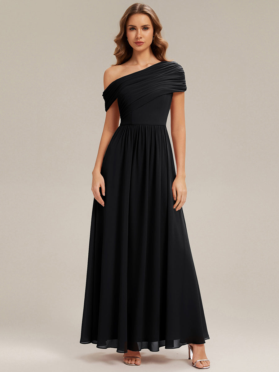 Gathered Chiffon Off the Shoulder Bridesmaid Dress #color_Black
