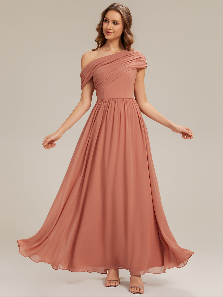 Gathered Chiffon Off the Shoulder Bridesmaid Dress #color_Coral Pink