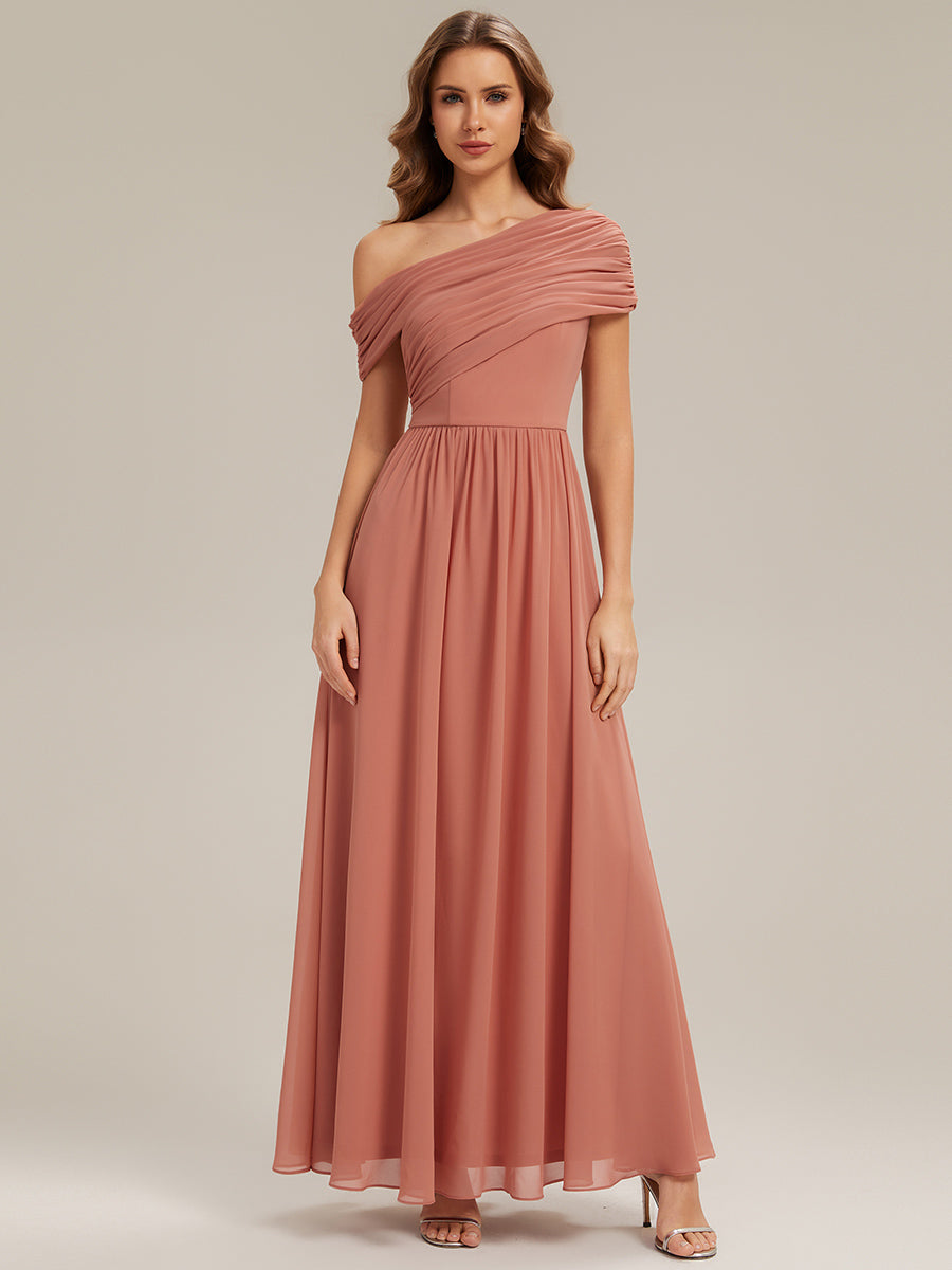 Gathered Chiffon Off the Shoulder Bridesmaid Dress #color_Coral Pink