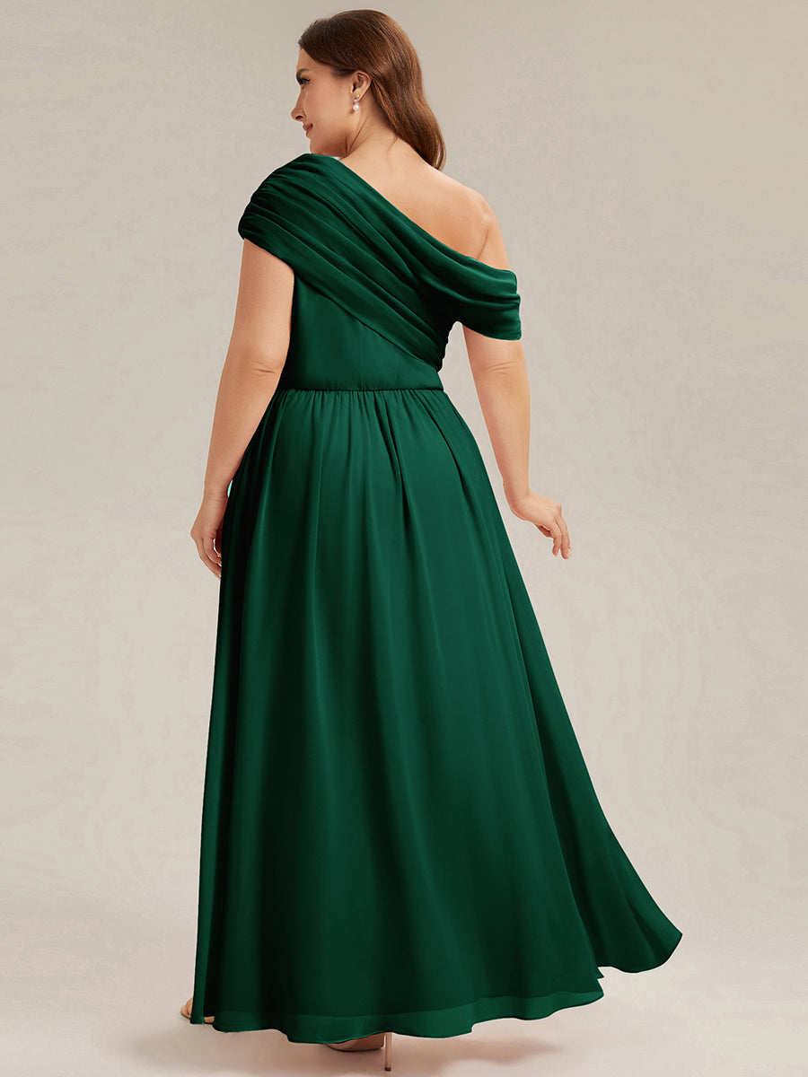 Gathered Chiffon Off the Shoulder Bridesmaid Dress #color_Dark Green