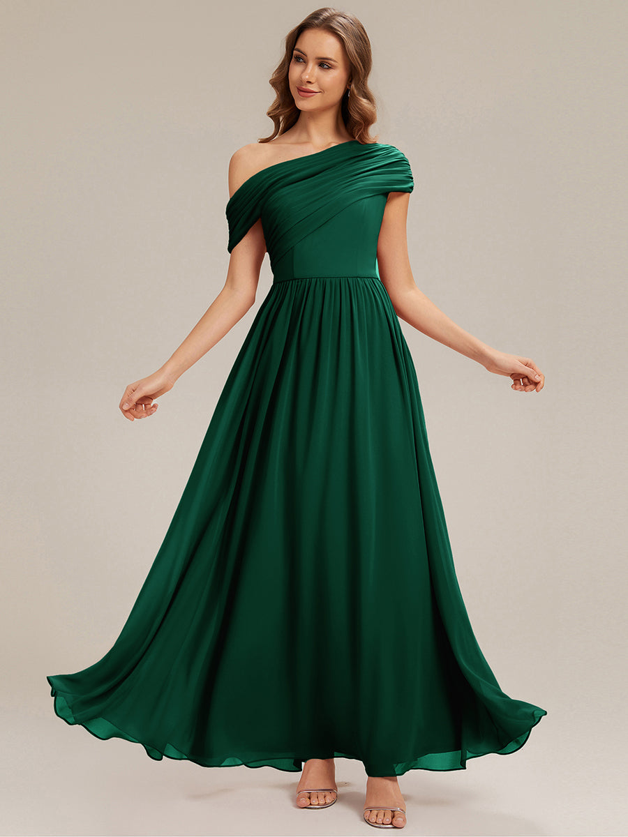 Gathered Chiffon Off the Shoulder Bridesmaid Dress #color_Dark Green