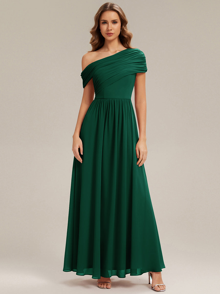 Gathered Chiffon Off the Shoulder Bridesmaid Dress #color_Dark Green