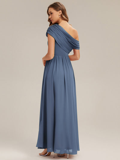 Gathered Chiffon Off the Shoulder Bridesmaid Dress #color_Dusty Blue