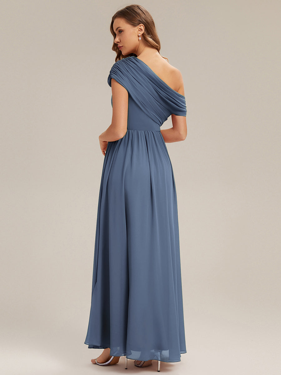 Gathered Chiffon Off the Shoulder Bridesmaid Dress #color_Dusty Blue