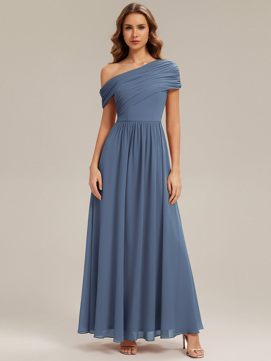 Gathered Chiffon Off the Shoulder Bridesmaid Dress #color_Dusty Blue