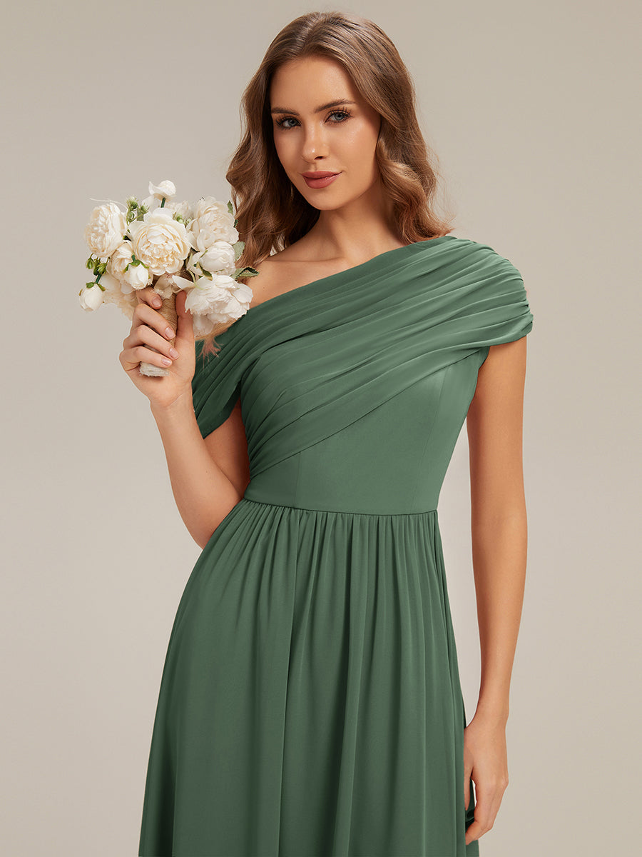 Gathered Chiffon Off the Shoulder Bridesmaid Dress #color_Eucalyptus