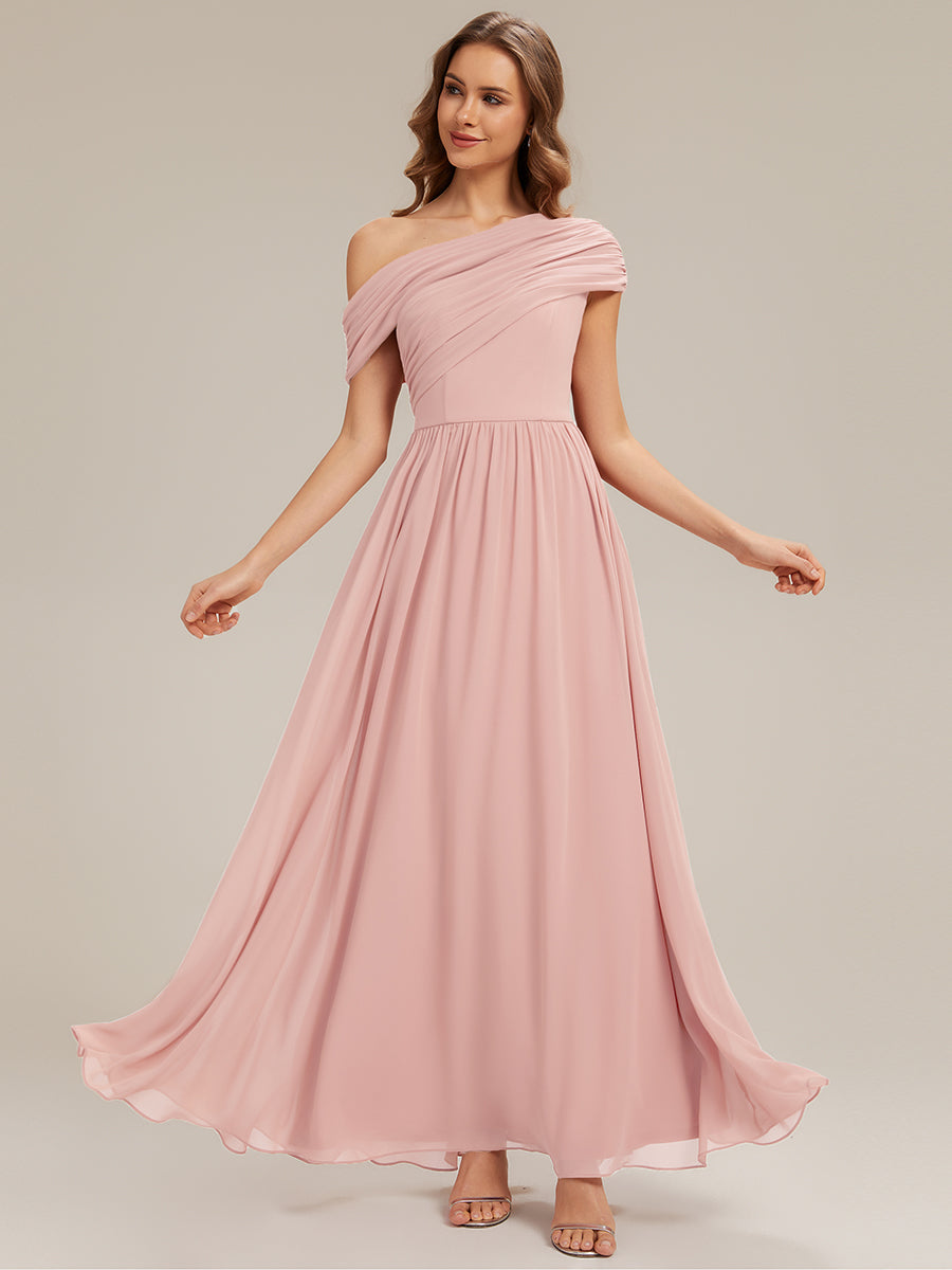 Gathered Chiffon Off the Shoulder Bridesmaid Dress #color_Pink