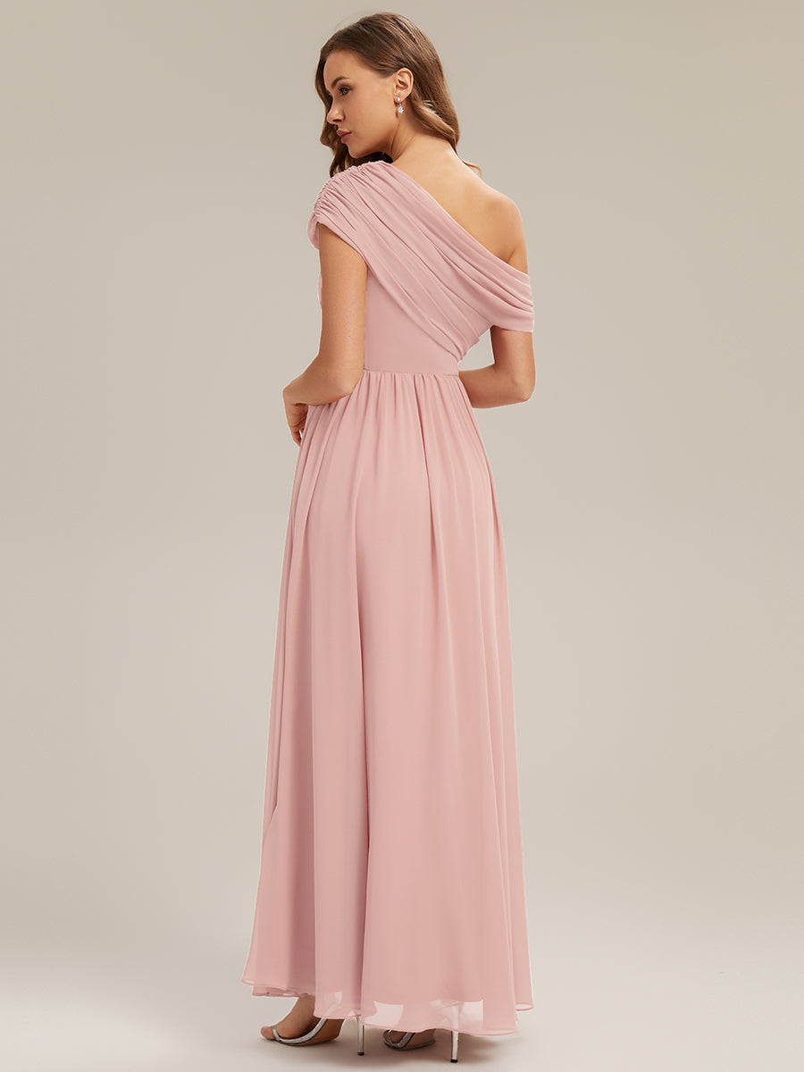 Gathered Chiffon Off the Shoulder Bridesmaid Dress #color_Pink