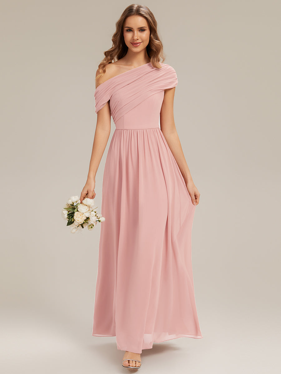 Gathered Chiffon Off the Shoulder Bridesmaid Dress #color_Pink