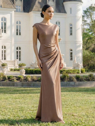 Bodycon Satin Cap Sleeve Bridesmaid Dress #color_Brown