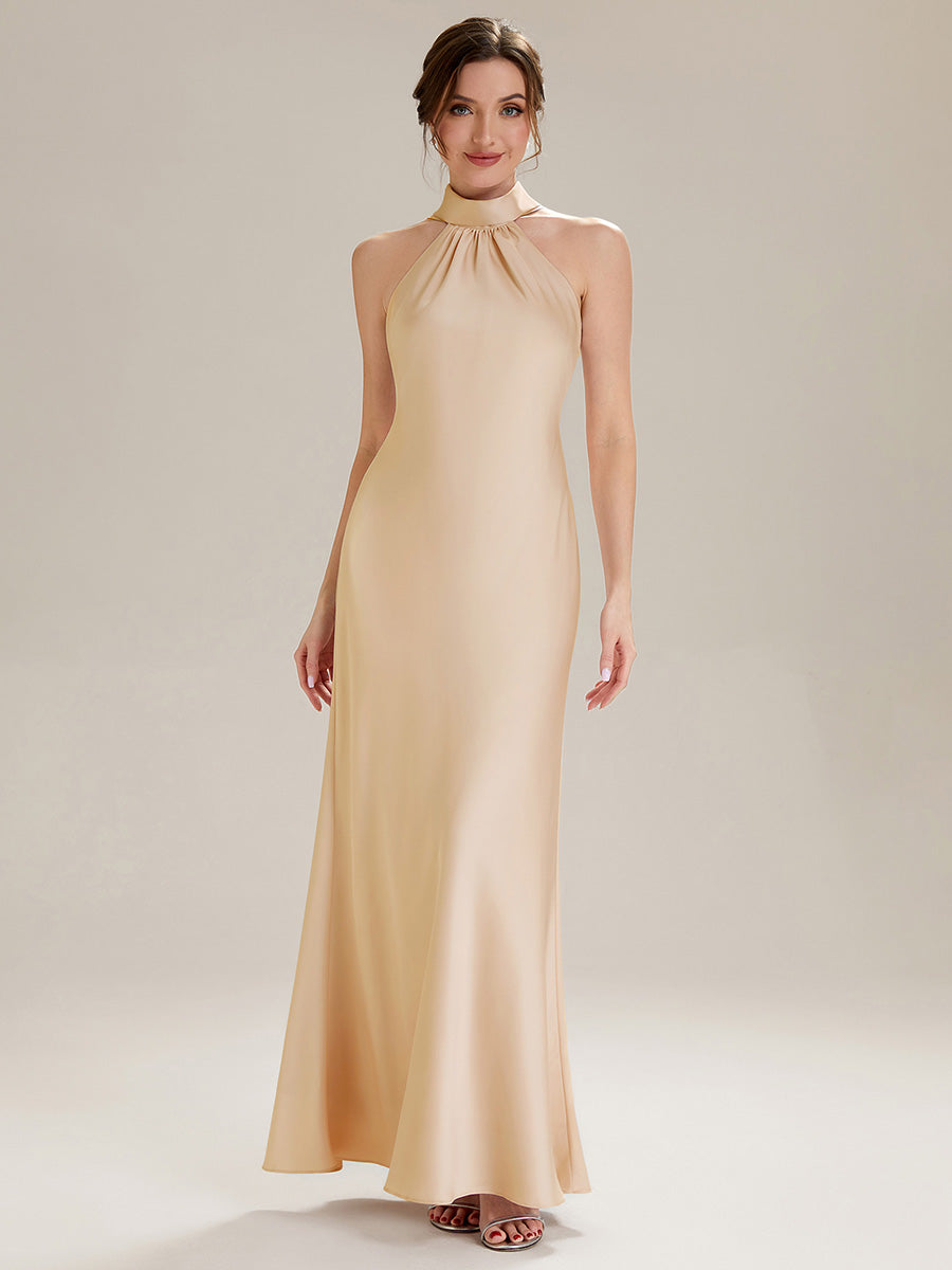 Flowing Ribbons Satin Sleeveless Bridesmaid Dress #color_Champagne