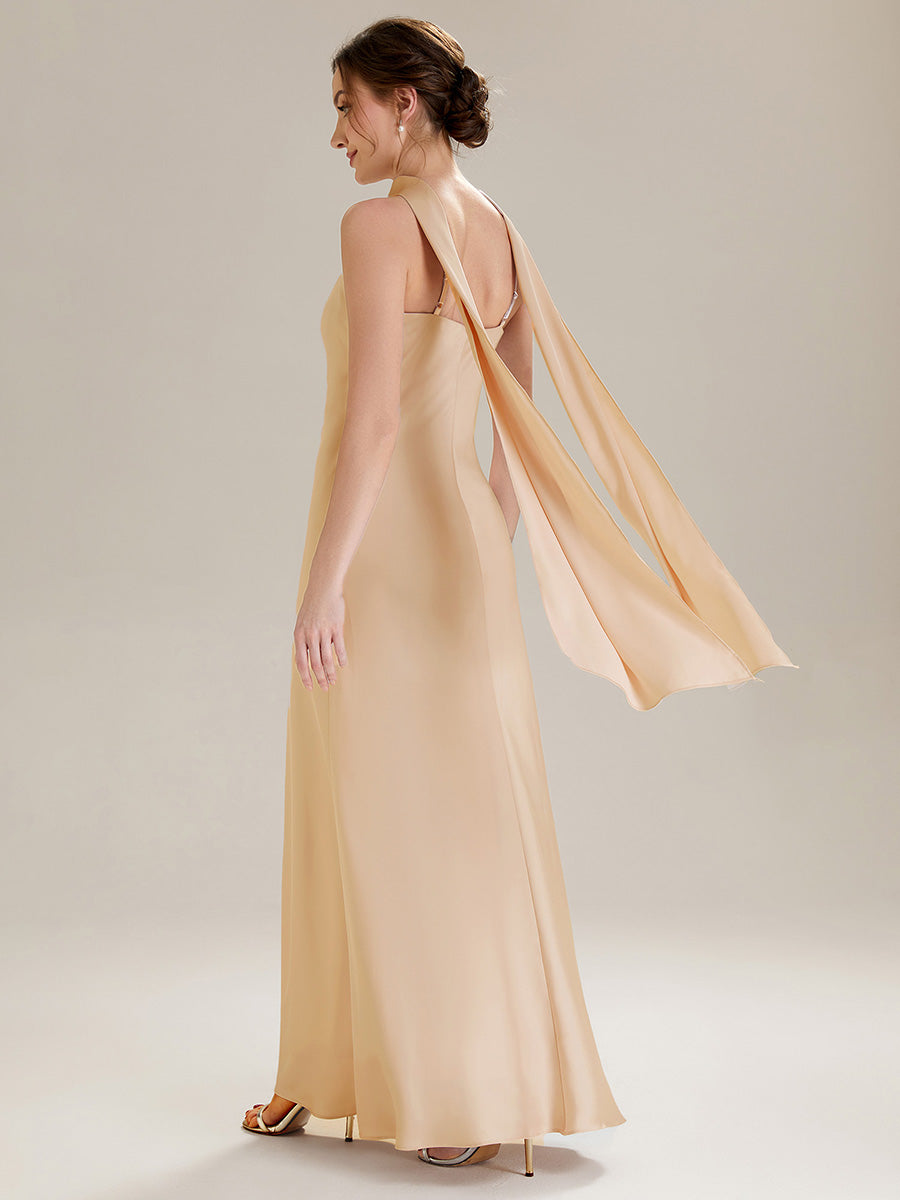 Flowing Ribbons Satin Sleeveless Bridesmaid Dress #color_Champagne