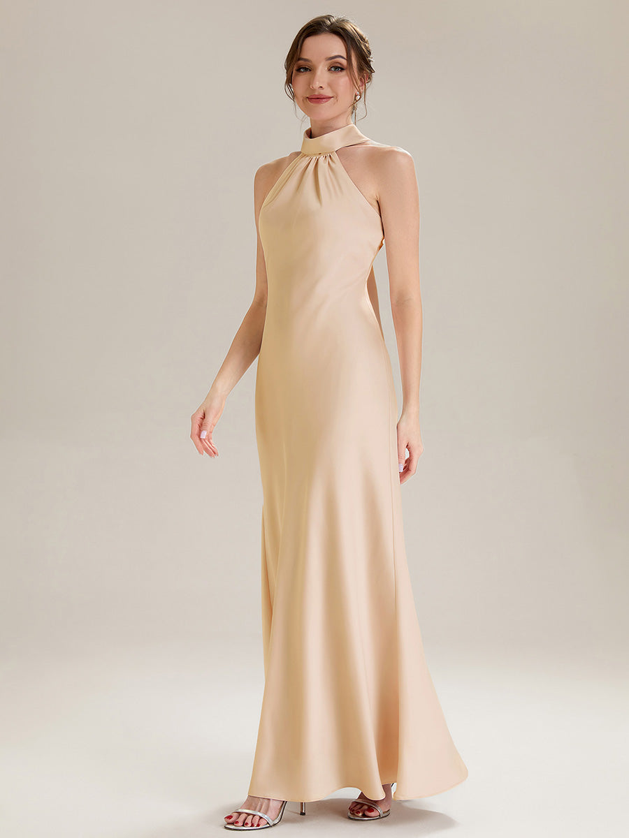 Flowing Ribbons Satin Sleeveless Bridesmaid Dress #color_Champagne