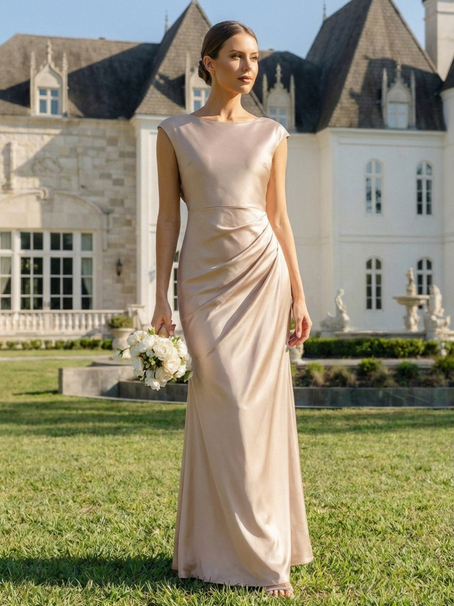 Bodycon Satin Cap Sleeve Bridesmaid Dress #color_Champagne