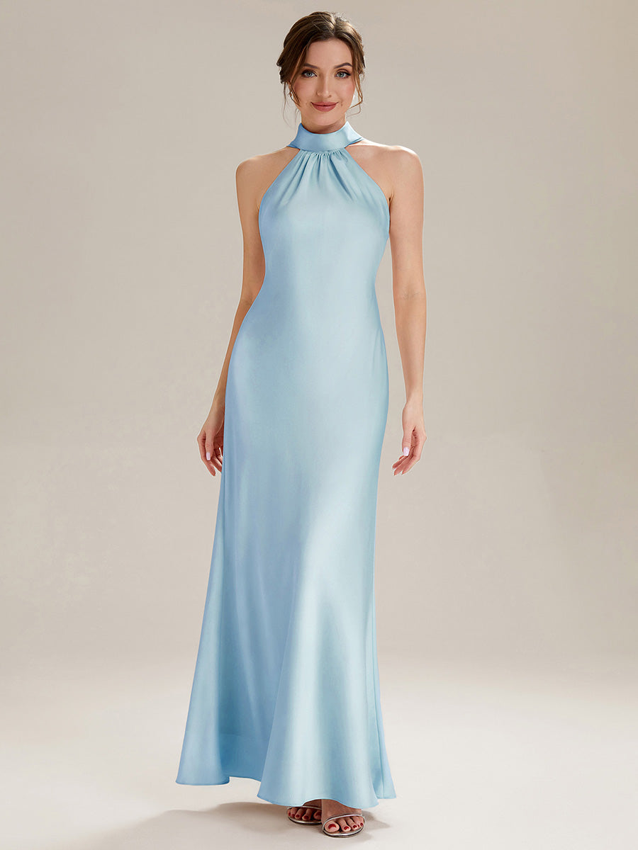 Flowing Ribbons Satin Sleeveless Bridesmaid Dress #color_Ice Blue