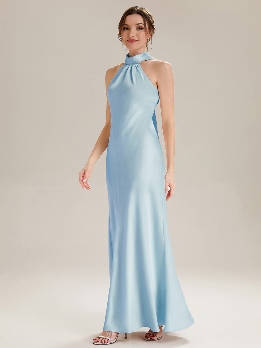 Flowing Ribbons Satin Sleeveless Bridesmaid Dress #color_Ice Blue