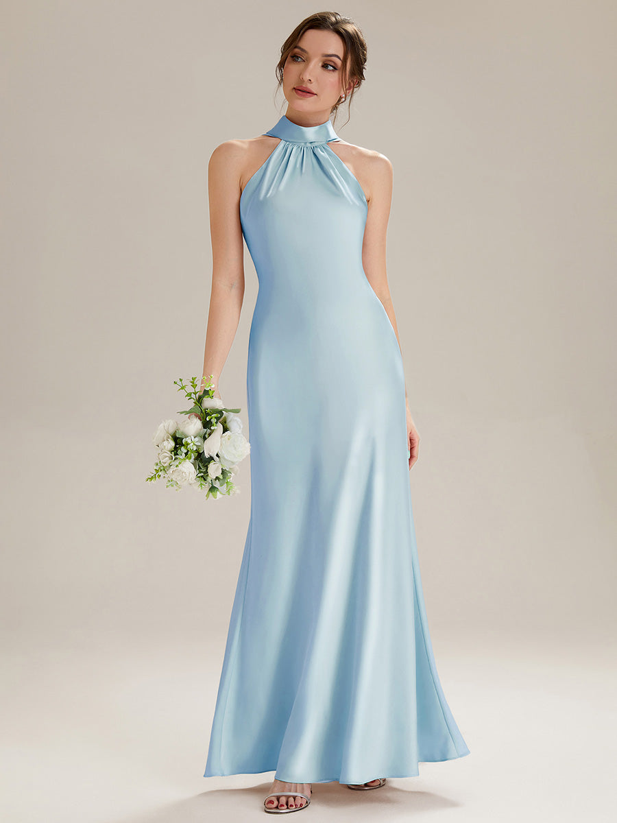 Flowing Ribbons Satin Sleeveless Bridesmaid Dress #color_Ice Blue