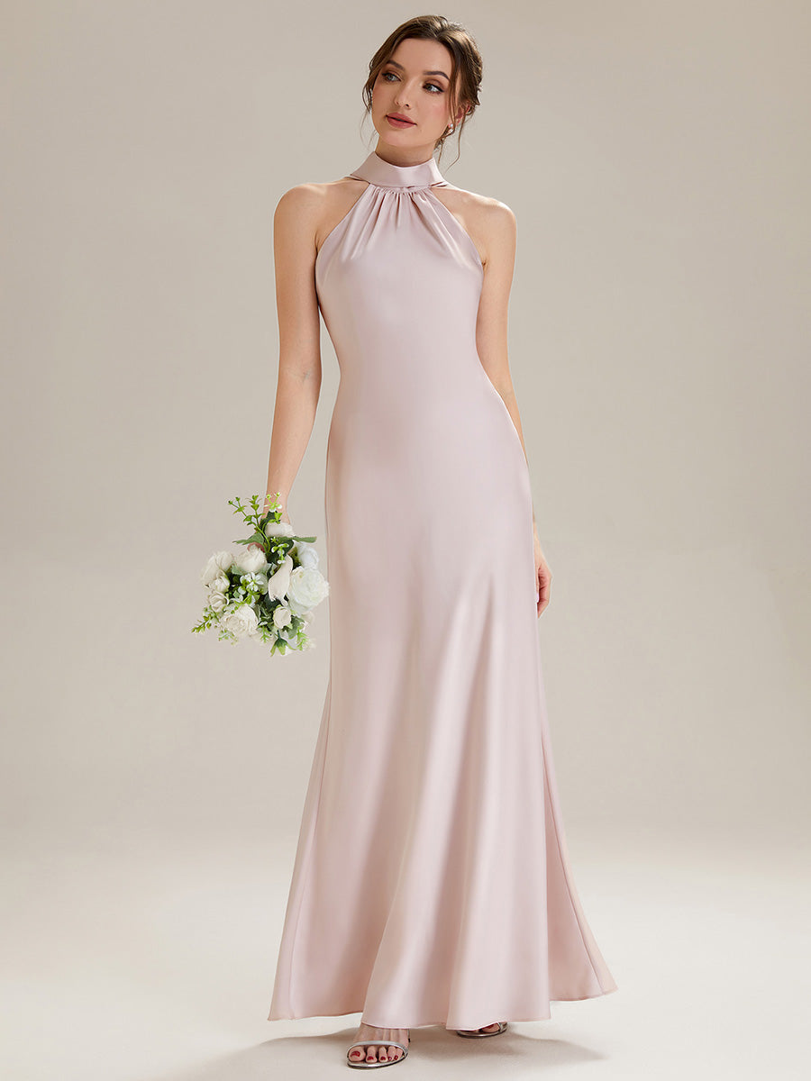 Flowing Ribbons Satin Sleeveless Bridesmaid Dress #color_Pink