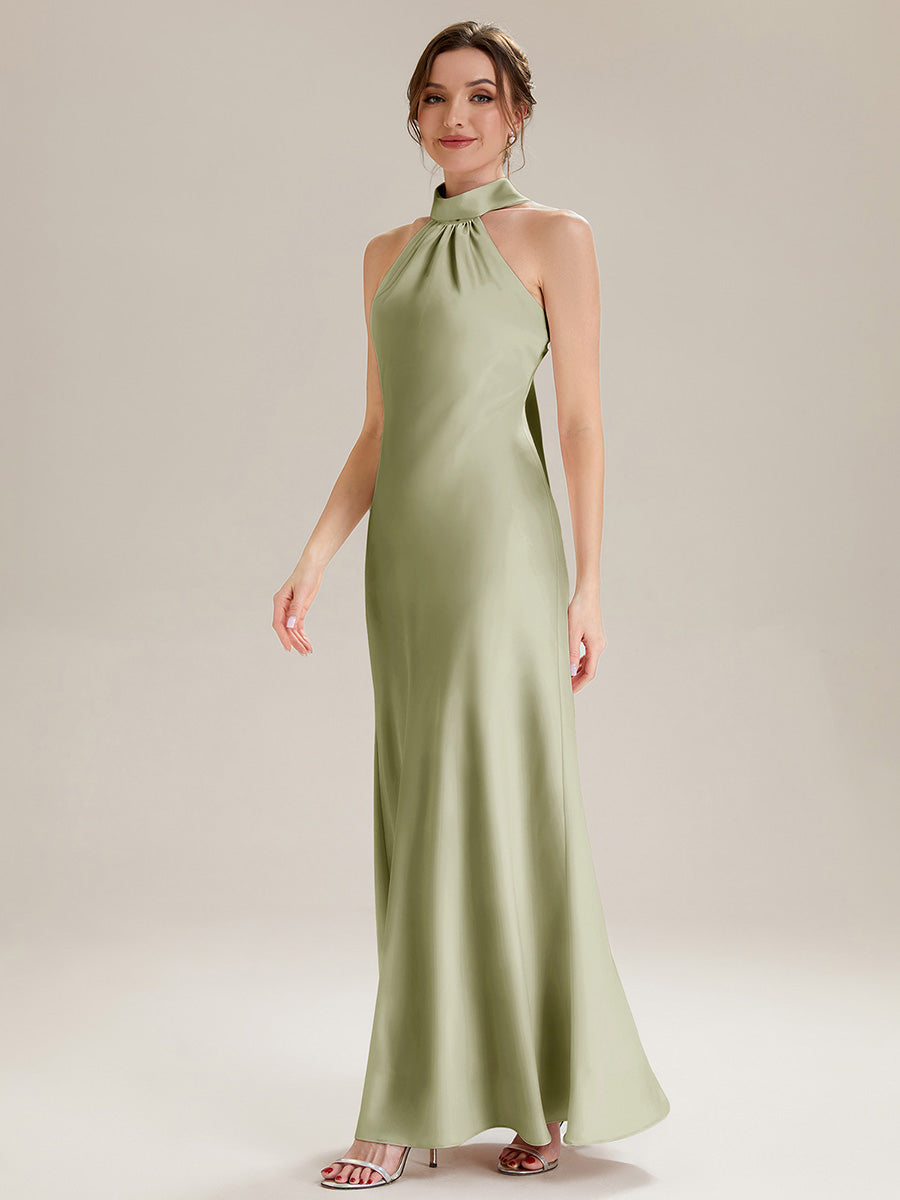 Flowing Ribbons Satin Sleeveless Bridesmaid Dress #color_Sage Green