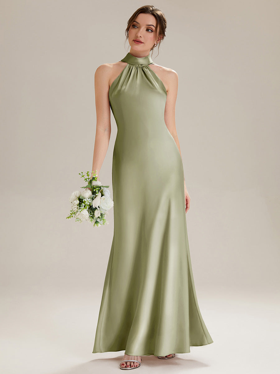 Flowing Ribbons Satin Sleeveless Bridesmaid Dress #color_Sage Green