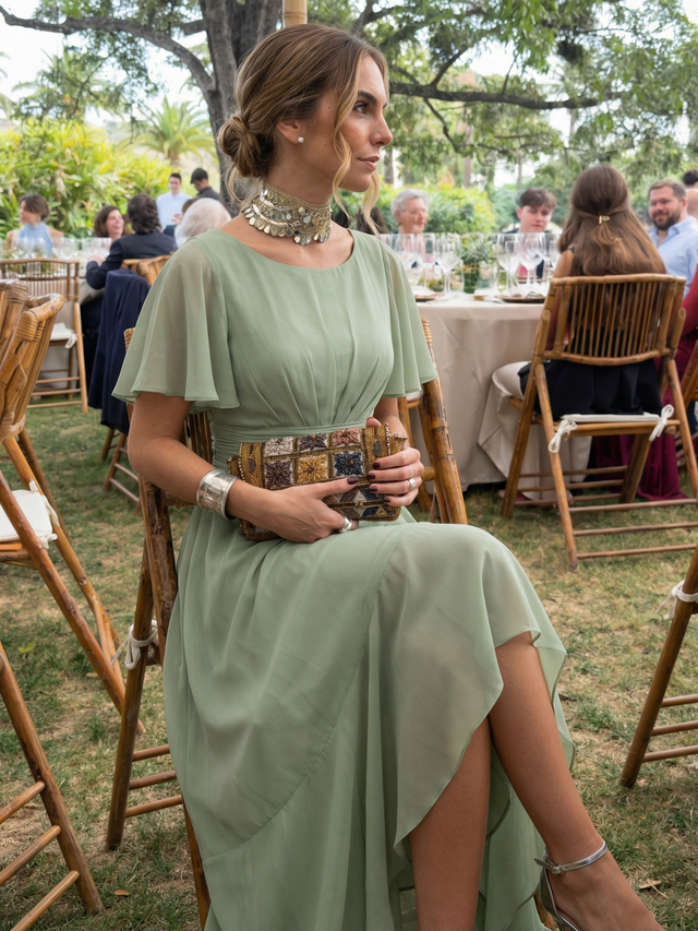 ever SAGE|Chiffon Ruffle Short Sleeve Wedding Guest Dress Fan Photos 3
