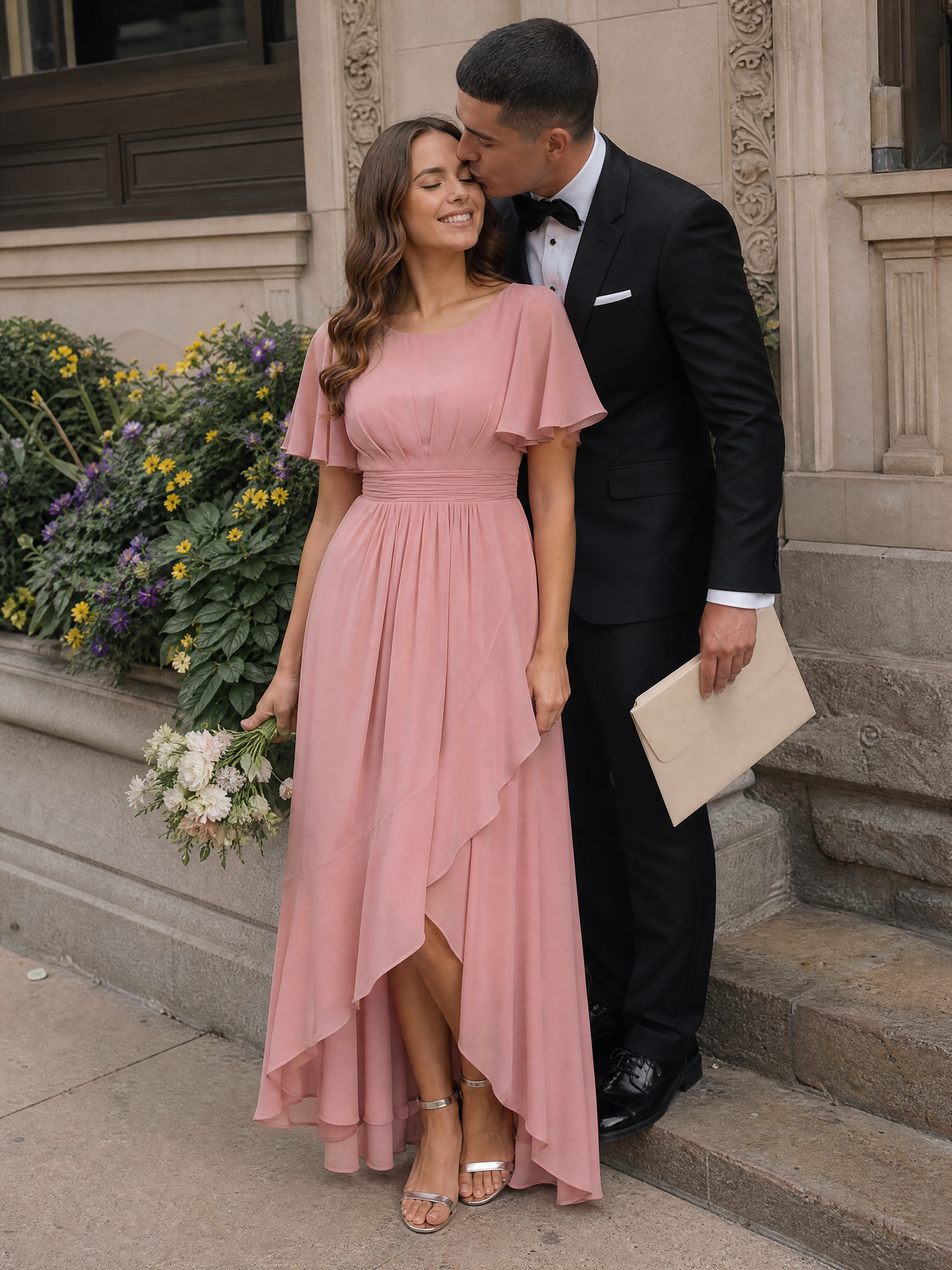 Chiffon Ruffle Short Sleeve Wedding Guest Dress #color_Dusty Rose