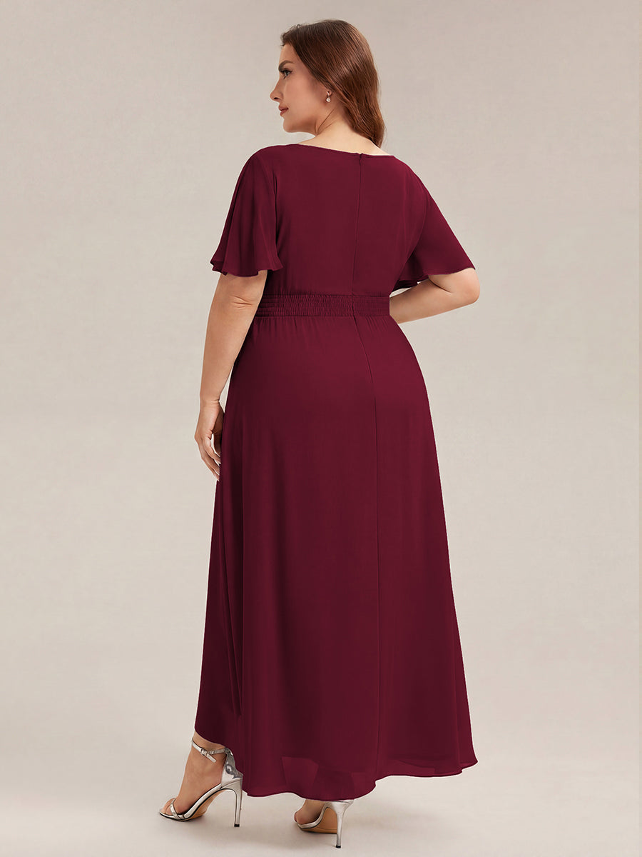Plus Size High-Low Chiffon Wedding Guest Dress #color_Burgundy