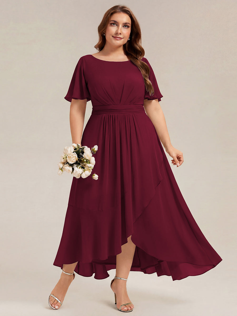 Plus Size High-Low Chiffon Wedding Guest Dress #color_Burgundy