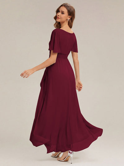 Chiffon Ruffle Short Sleeve Wedding Guest Dress #color_Burgundy