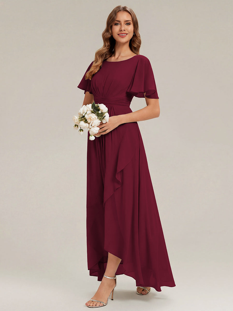 Chiffon Ruffle Short Sleeve Wedding Guest Dress #color_Burgundy