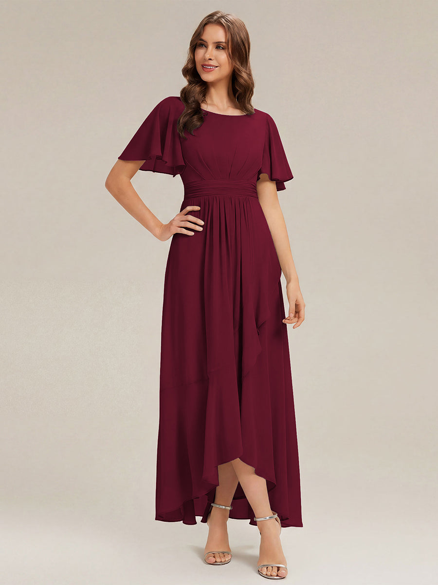 Chiffon Ruffle Short Sleeve Wedding Guest Dress #color_Burgundy