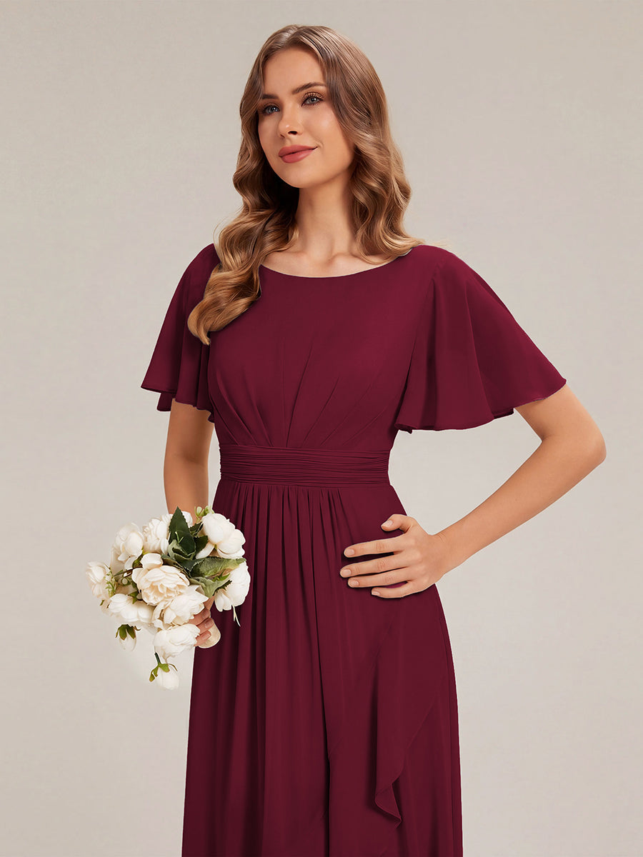 Chiffon Ruffle Short Sleeve Wedding Guest Dress #color_Burgundy