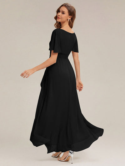 Chiffon Ruffle Short Sleeve Wedding Guest Dress #color_Black