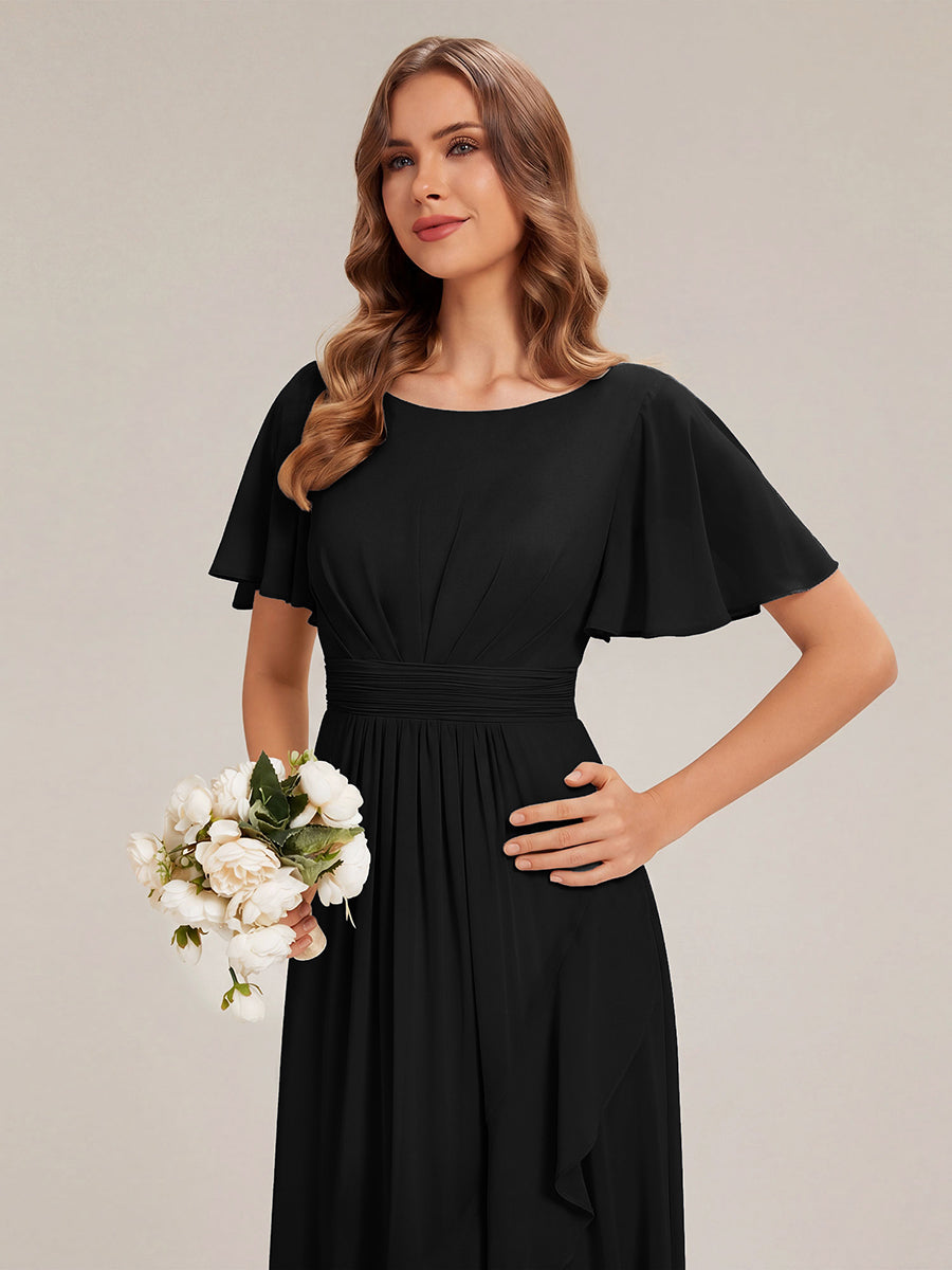 Chiffon Ruffle Short Sleeve Wedding Guest Dress #color_Black