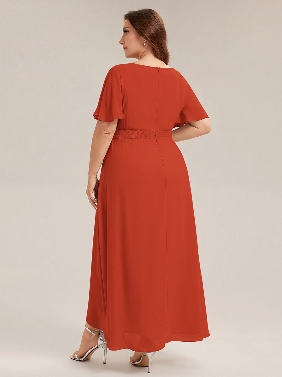 Chiffon Ruffle Short Sleeve Wedding Guest Dress #color_Burnt Orange