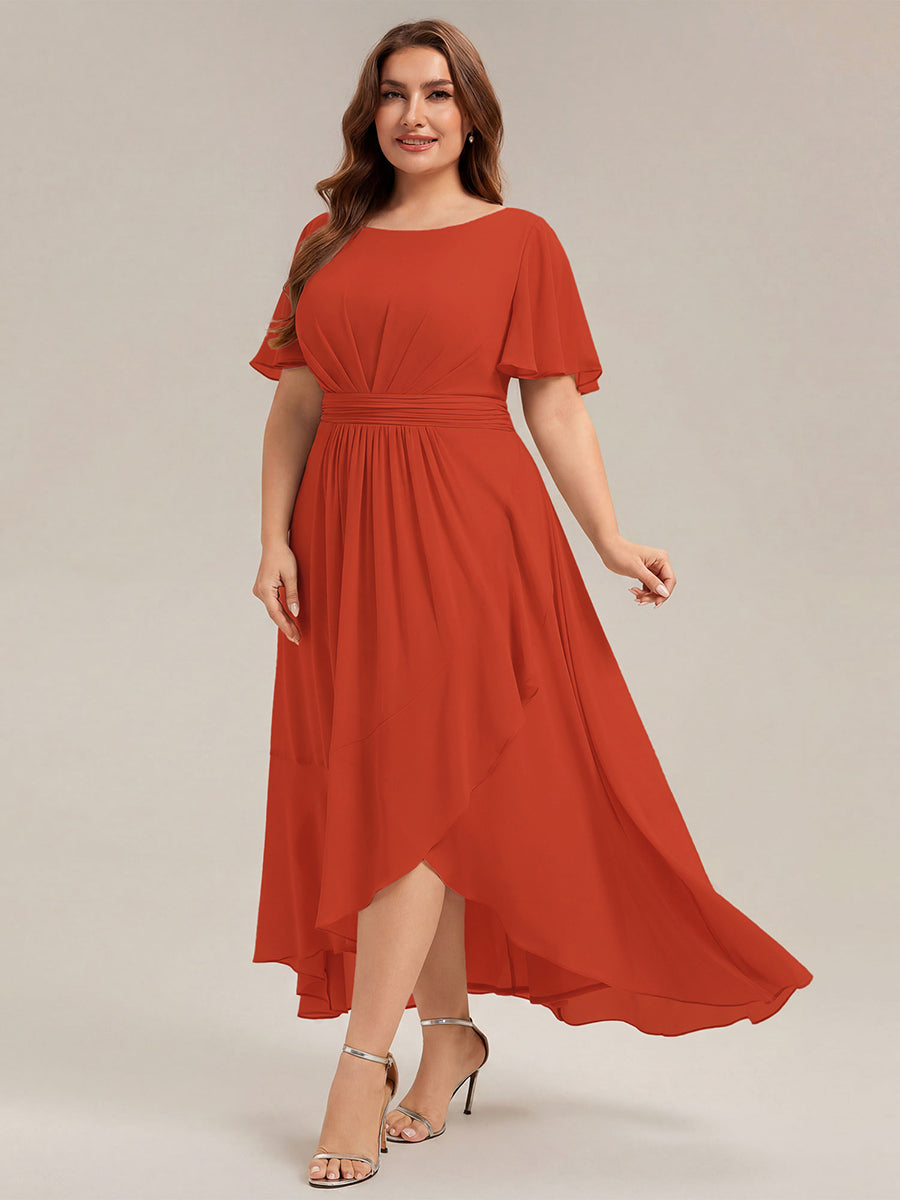 Chiffon Ruffle Short Sleeve Wedding Guest Dress #color_Burnt Orange