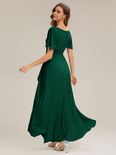 Chiffon Ruffle Short Sleeve Wedding Guest Dress #color_Dark Green