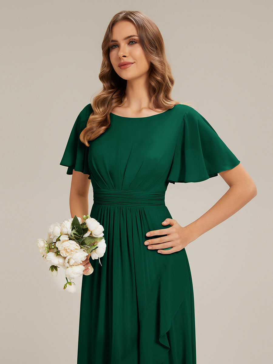 Chiffon Ruffle Short Sleeve Wedding Guest Dress #color_Dark Green